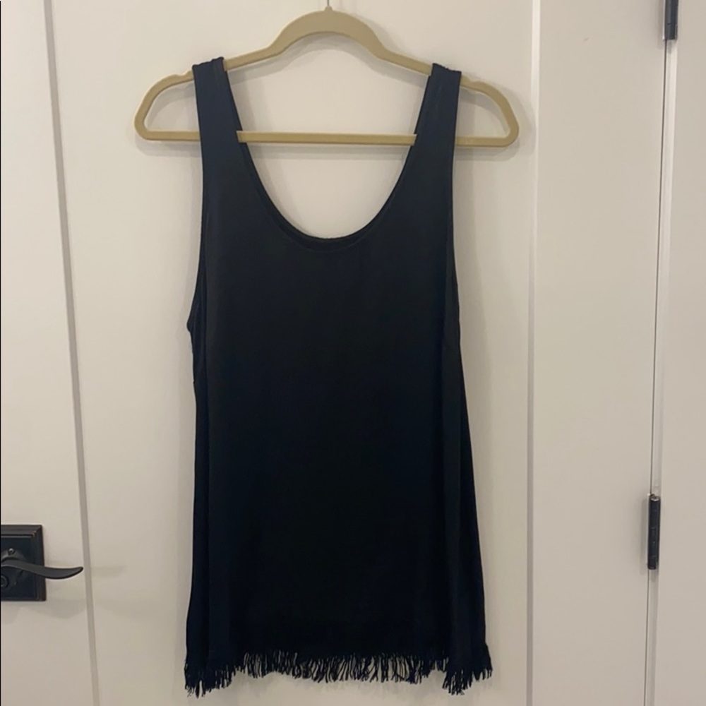 Tina Jo Long Sleeveless Black Silk Top w Fringe M